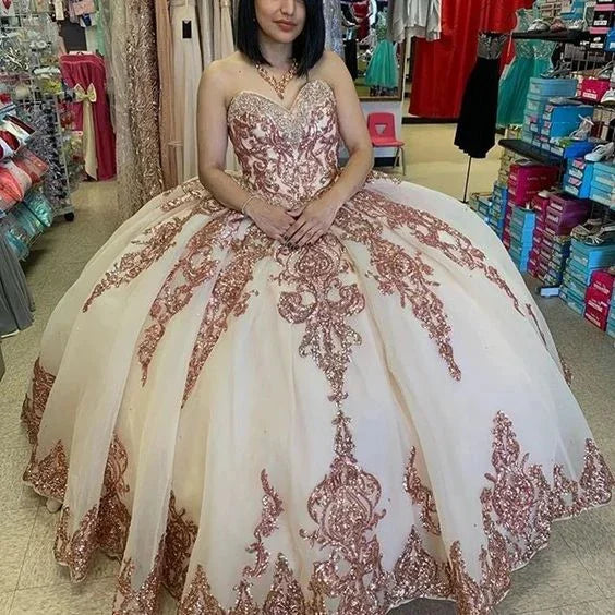 Robe de bal scintillante princesse or rose Quinceañera vintage corsage en dentelle appliquée paillettes Y6523