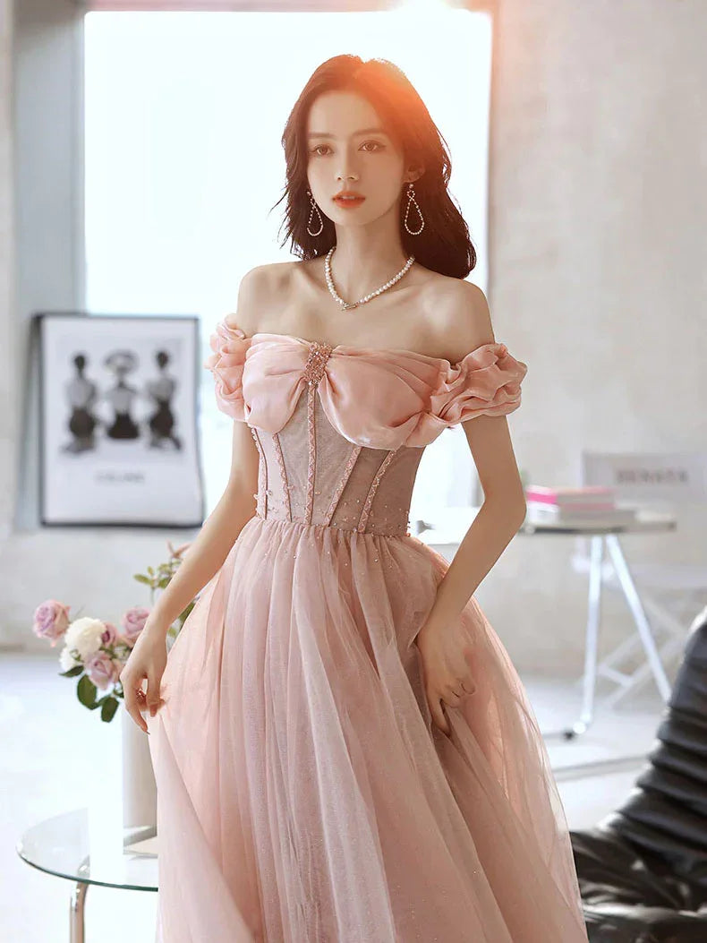Vestido largo de fiesta rosa con cuello corazón, tul y cuentas, vestido de noche rosa, Y2406