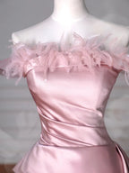 Elegantes Feder-Ballkleid ohne Träger aus Tüll und Satin in Rosa, A-Linie, Abschlussball- und Abendkleid Y8629