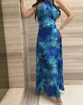 Vestido Único Azul de Cetim com Alças, Longo para Baile de Finalistas Y8108