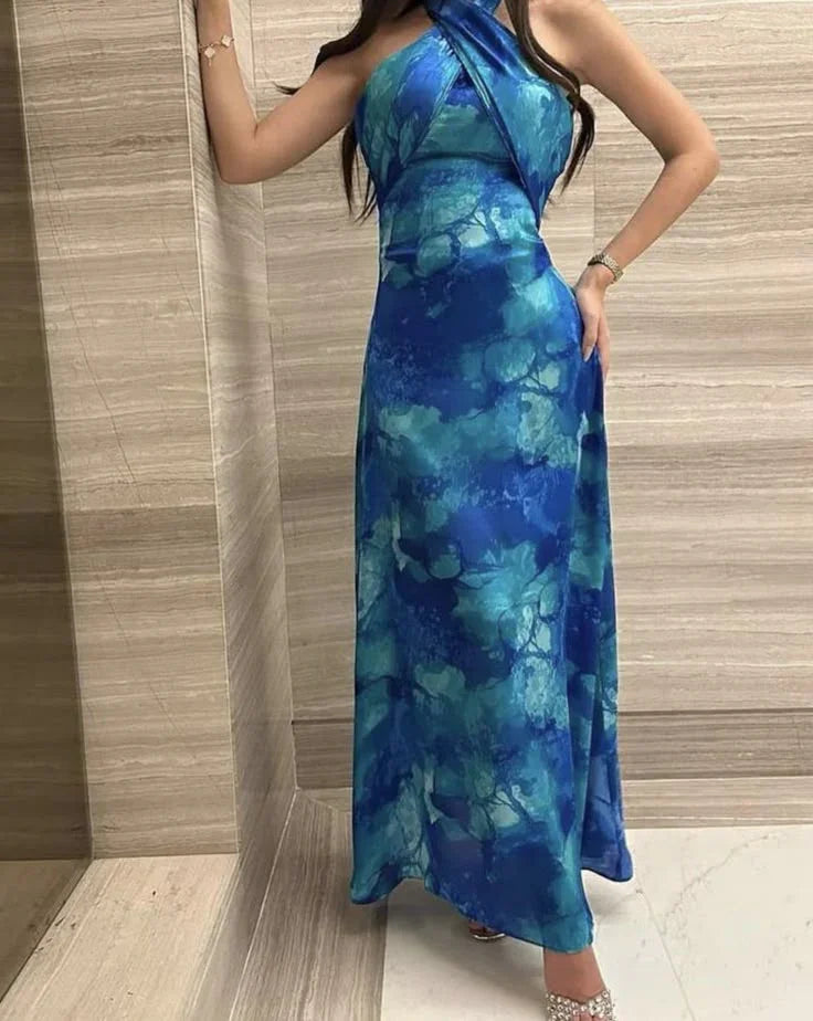 Vestido Único Azul de Cetim com Alças, Longo para Baile de Finalistas Y8108