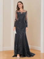 Long Sleeve Scoop Neck Mermaid Trumpet Mother Of The Bride Dress With Applique