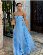 Vestido longo azul sexy com alças finas em alça halter, corte em linha A, para baile, sem costas, vestido de noite Y8090
