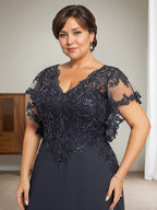 A-Linie V-Ausschnitt Bodenlanges Spitzen-Chiffon-Kleid für die Brautmutter mit Pailletten 