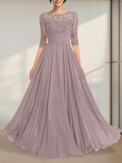 A-Linie, U-Ausschnitt, Illusion, bodenlanges Chiffon-Spitzenkleid für die Brautmutter mit plissierten Pailletten