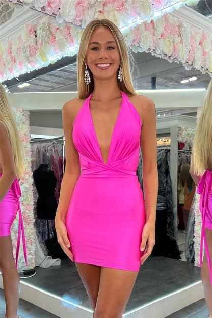 Sheath Plunging V Halter Satin Homecoming Dress