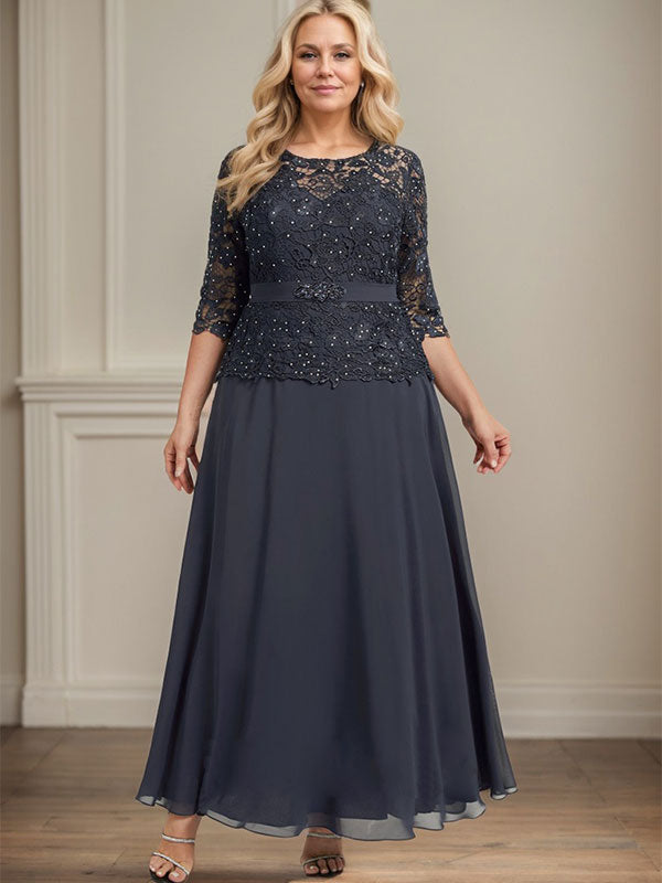 Robe de mère de la mariée en dentelle en mousseline, longueur cheville, coupe trapèze, décolleté illusion en forme de goutte, ornée de perles en strass