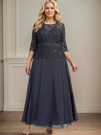 A-Linie, U-Ausschnitt, Illusion, knöchellang, Chiffon, Spitze, Kleid für die Brautmutter mit Strass-Perlen 