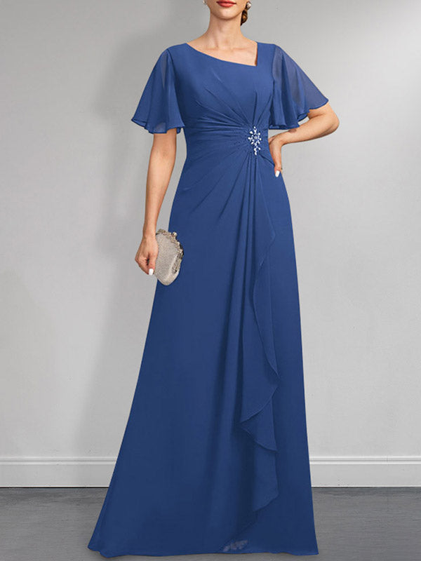 Robe de mère de la mariée en mousseline asymétrique longue jusqu'au sol, coupe en A, ornée de perles plissées et de paillettes