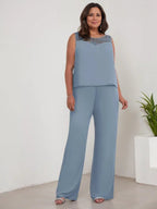 بدلة بنطلون الأم العروس بأكمام طويلة من الشيفون وياقة دائرية مع سترة