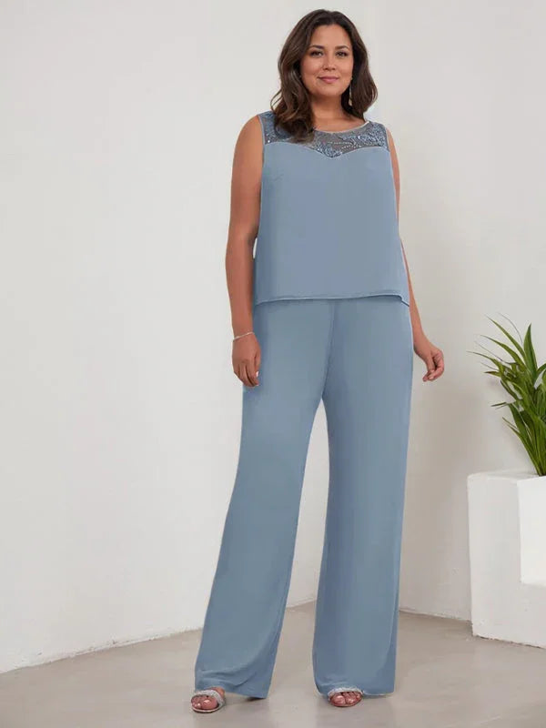 بدلة بنطلون الأم العروس بأكمام طويلة من الشيفون وياقة دائرية مع سترة