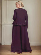 جمبسوت/بدلة منفصلة بطول الكاحل مربعة من الشيفون بالدانتيل فستان أم العروس مزين بالترتر