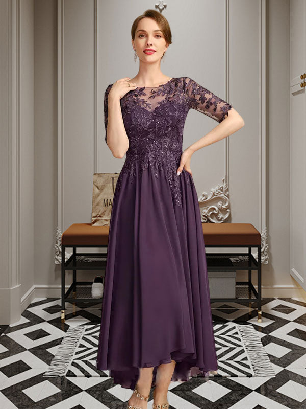 Robe de mère de la mariée en mousseline et dentelle asymétrique illusion à encolure dégagée, coupe en A, ornée de paillettes
