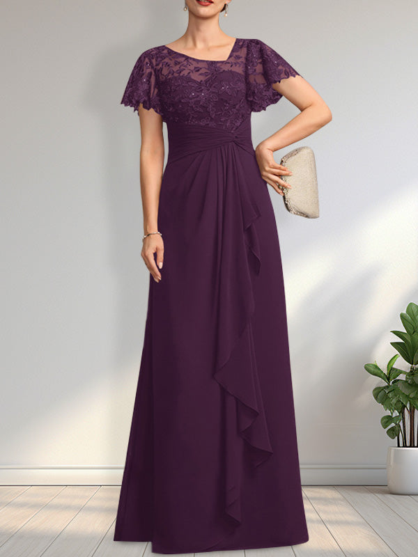 Robe de mère de la mariée en dentelle et mousseline, longueur au sol, illusion asymétrique en ligne A, avec volants en cascade et paillettes
