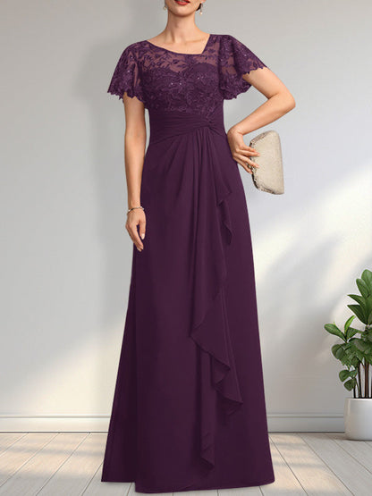 Vestido de madre de la novia de gasa con encaje, ilusión asimétrica, largo hasta el suelo, con volantes en cascada y lentejuelas. 