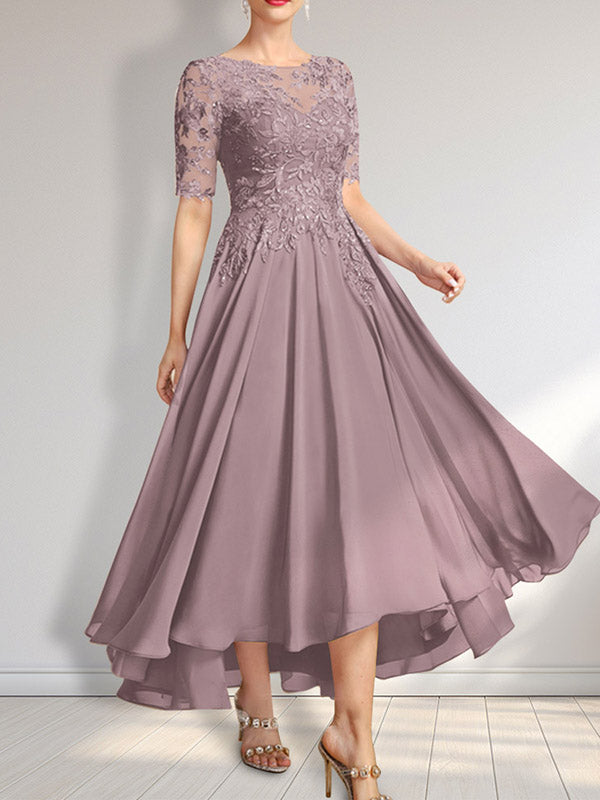 Robe de mère de la mariée en mousseline et dentelle asymétrique illusion à encolure dégagée, coupe en A, ornée de paillettes