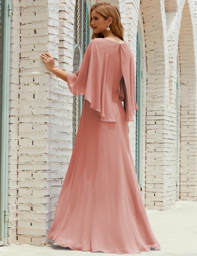 Abito da Damigella Donna Manica Lunga Scollatura a V Chiffon Abito da Cerimonia Matrimonio Festa 28018