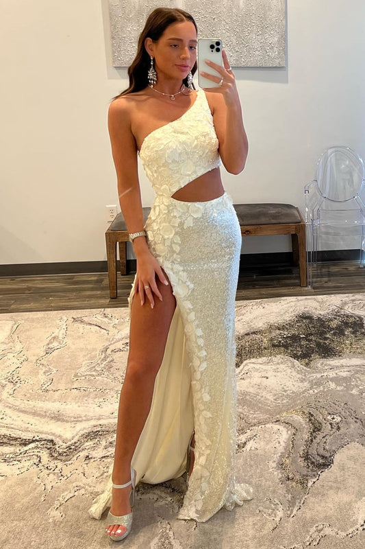Vestido de fiesta de lentejuelas con un solo hombro y apliques 3D