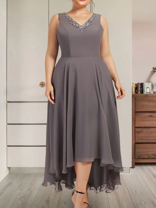 Vestido de gasa asimétrico para madre de la novia con escote en V, corte A y lentejuelas con abalorios