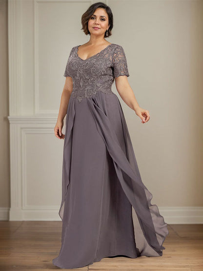 A-Linie V-Ausschnitt Bodenlanges Chiffon-Spitzenkleid für die Brautmutter