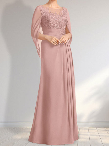 A-Linie, U-Ausschnitt, Illusion, bodenlanges Chiffon-Kleid für die Brautmutter mit plissierten Pailletten