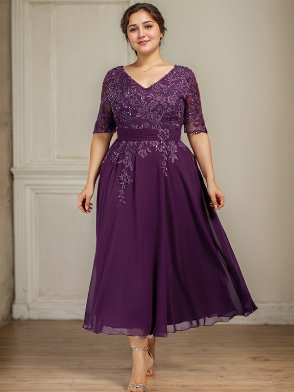 A-Linie V-Ausschnitt Wadenlanges Spitzen-Chiffon-Kleid für die Brautmutter mit Pailletten 