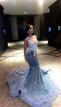 Vestido de Festa Azul Luxuoso com Lantejoulas em Cetim, Corte Sereia, com Aplicações Y7879