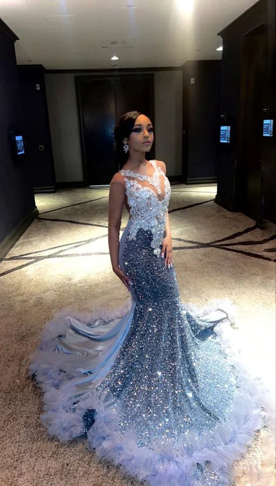 Vestido de Festa Azul Luxuoso com Lantejoulas em Cetim, Corte Sereia, com Aplicações Y7879