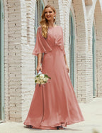Abito da Damigella Donna Manica Lunga Scollatura a V Chiffon Abito da Cerimonia Matrimonio Festa 28018