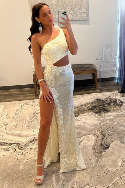 Vestido de fiesta de lentejuelas con un solo hombro y apliques 3D