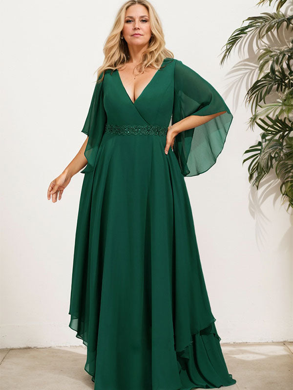 Robe de mère de la mariée en mousseline, coupe en A, col en V, longueur au sol, ornée d'appliques de sequins, de dentelle et de perles