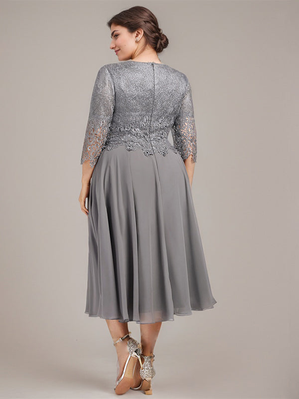 A-Linie U-Ausschnitt Wadenlang Chiffon-Kleid für die Brautmutter 