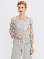 3 Piece Chiffon Square Neck Mother of the Bride Pantsuits with Jacket