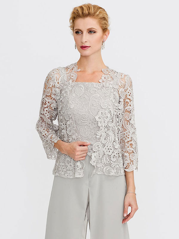 3 Piece Chiffon Square Neck Mother of the Bride Pantsuits with Jacket