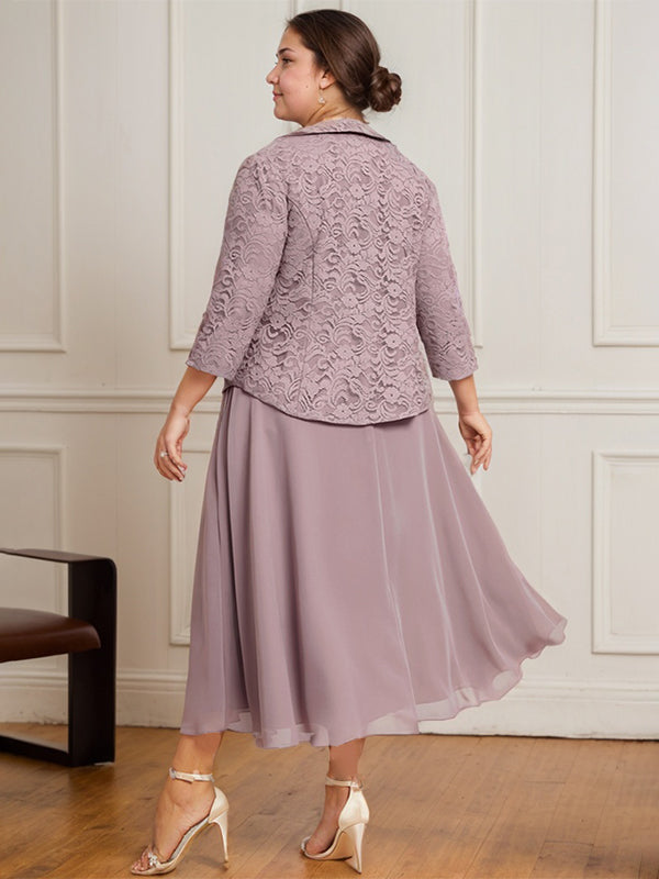 Robe de mère de la mariée en dentelle et mousseline, longueur thé, coupe en A avec encolure dégagée