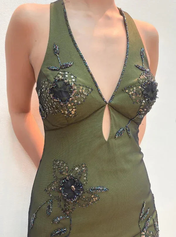 Vestido de noite vintage de cetim com alças, bordado com contas, estilo sereia, sexy, costas descobertas, verde, vestido de baile Y8228