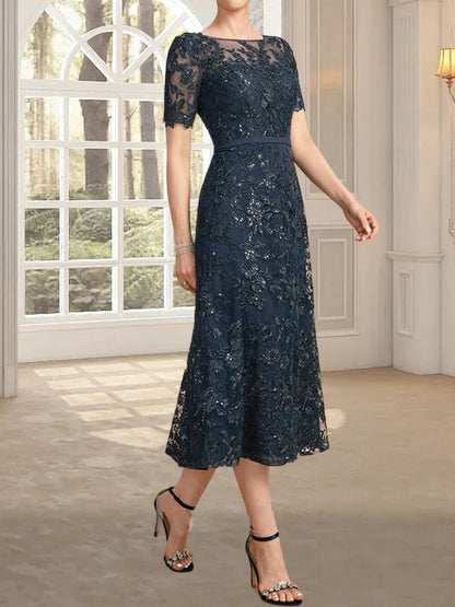 A-Linie, U-Ausschnitt, Illusion, knielang, Spitze, Kleid für die Brautmutter mit Pailletten