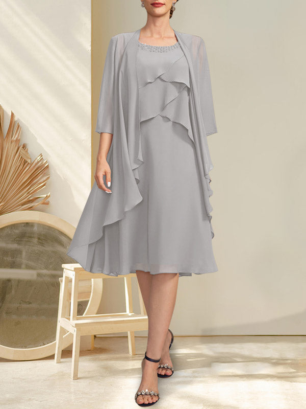 A-Linie U-Ausschnitt Knielang Chiffon Kleid für die Brautmutter mit Perlenbesatz