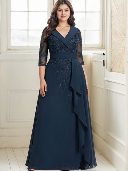 Vestido de madre de la novia de gasa con encaje, escote en V, corte A y largo hasta el suelo, con lentejuelas y volantes en cascada 