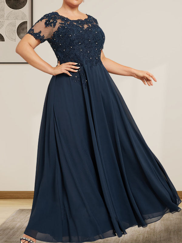 A-Linie U-Ausschnitt Illusion Bodenlang Chiffon Spitze Mutter der Braut Kleid mit Pailletten Perlen