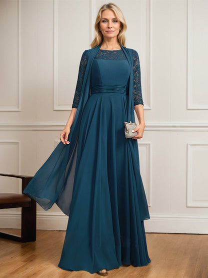 A-Linie U-Ausschnitt Illusion Bodenlang Spitze Chiffon Mutter der Braut Kleid Mit Plissee 