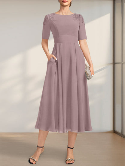A-Linie U-Ausschnitt Wadenlang Chiffon Kleid für die Brautmutter mit Applikationen Spitze Pailletten