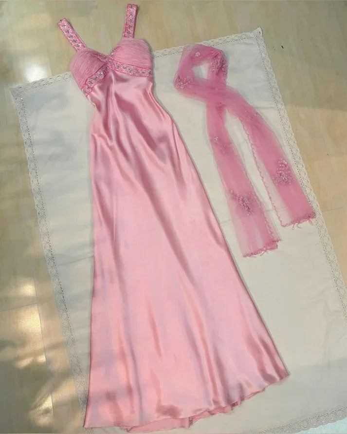 Abito da sera lungo a linea A in raso con spalline rosa carino Y8070
