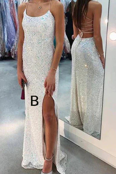 Abito da sera bianco con paillettes, spalline sottili scintillanti, modello sirena, Y8071