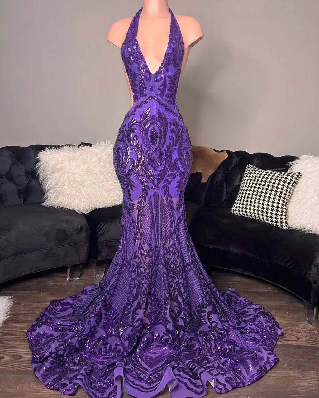 abiti da sera viola, abiti da sera a sirena, abiti da sera su misura, abiti da sera alla moda, abiti da sera con collo all'americana, abiti da sera scintillanti Y1455