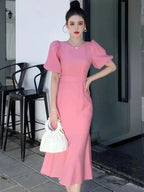Robe de bal rose élégante à manches bouffantes mi-longue Robe de soirée rose Y7113