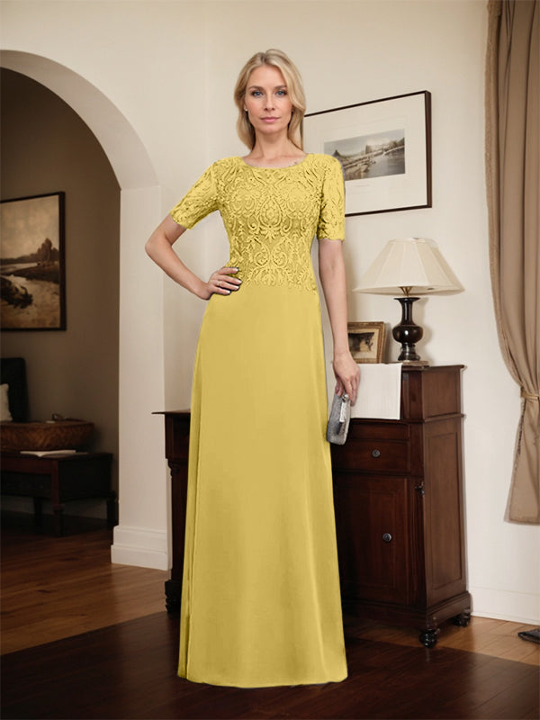 Robe de mère de la mariée en dentelle et mousseline, longueur au sol, en ligne A, décolleté en U, ornée de paillettes
