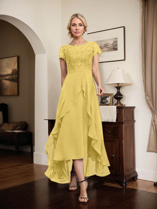 Robe de mère de la mariée en mousseline et dentelle asymétrique illusion à encolure dégagée, coupe en A, avec nœud, volants et paillettes