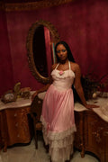 Vestido de fiesta rosa con tirantes dulces, satén y encaje en capas, vestido de noche Y8250