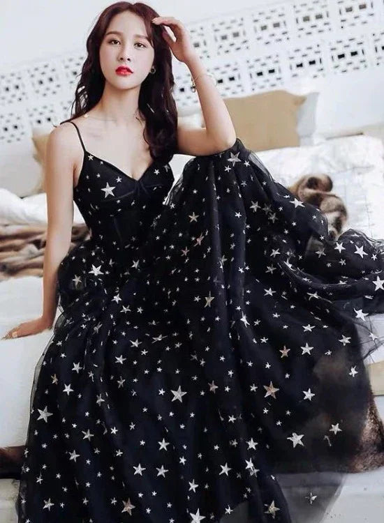 Abito lungo da festa in tulle nero con scollo a cuore, elegante abito da sera nero, abito da ballo Y1159